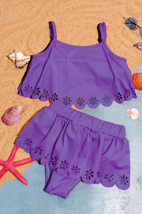 Miniğimin Cicileri (3-12 Yaş) Kız Çocuk Lazer Çiçek Kesim Etekli Mayo - Mor