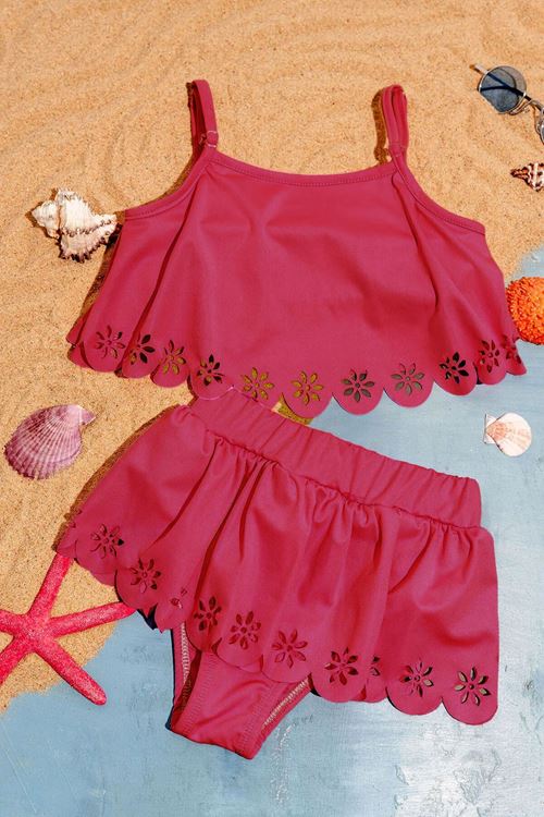 Miniğimin Cicileri (3-12 Yaş) Kız Çocuk Lazer Çiçek Kesim Etekli Mayo - Fuşya