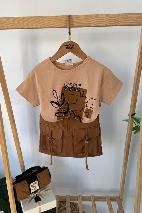 Miniğimin Cicileri She Taşlı Kız Çocuk Çantalı 2 li Etekli Takım - Kahve