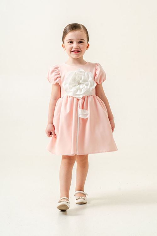 Miniğimin Cicileri Robalı Gül Desenli Kız Çocuk Kısa Kol Elbise - Somon