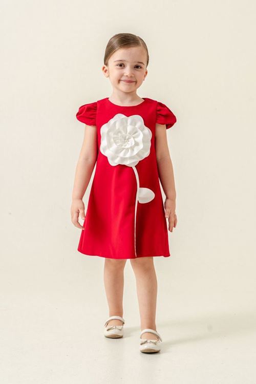 Miniğimin Cicileri Gül Desenli A Kesim Kız Çocuk Kısa Kol Elbise - Kırmızı