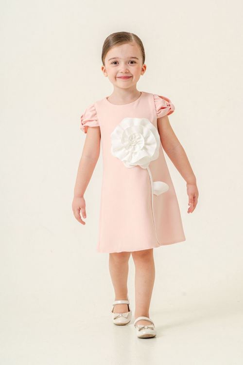 Miniğimin Cicileri Gül Desenli A Kesim Kız Çocuk Kısa Kol Elbise - Somon