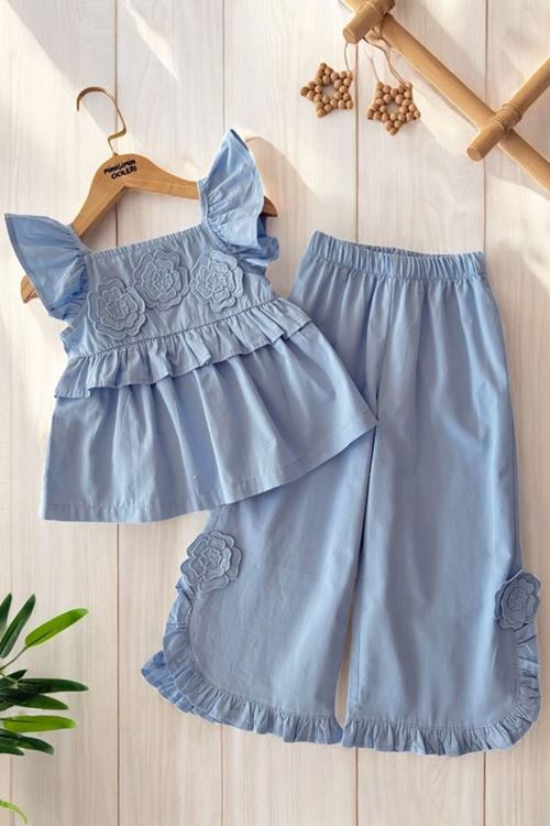Miniğimin Cicileri Çiçek İşlemeli Bluz ve Fırfır Detaylı Pantolon Kız Çocuk Takımı - Mavi