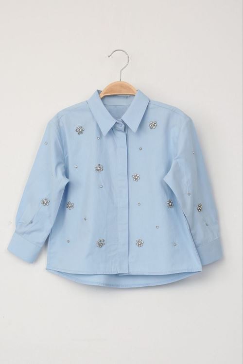 Miniğimin Cicileri Taş Desenli Kız Çocuk Pamuklu Gömlek - Mavi