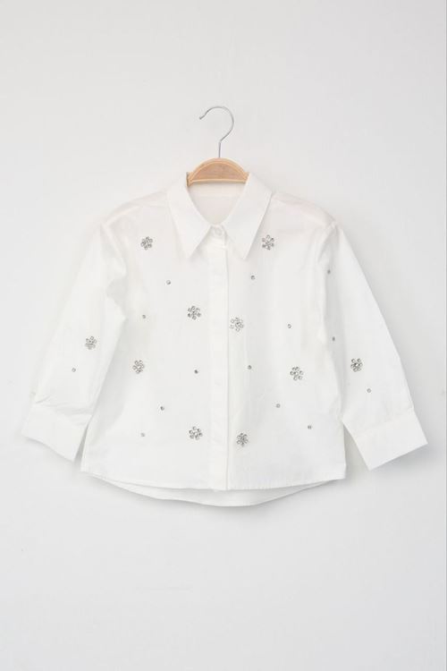 Miniğimin Cicileri Taş Desenli Kız Çocuk Pamuklu Gömlek - Beyaz