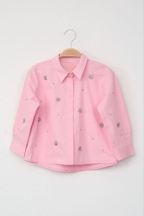 Miniğimin Cicileri Taş Desenli Kız Çocuk Pamuklu Gömlek - Pembe