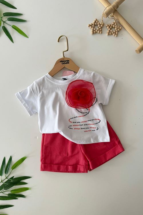 Minigimin Cicileri Gül Desenli Kız Çocuk Şortlu 2 li Takım - Kırmızı
