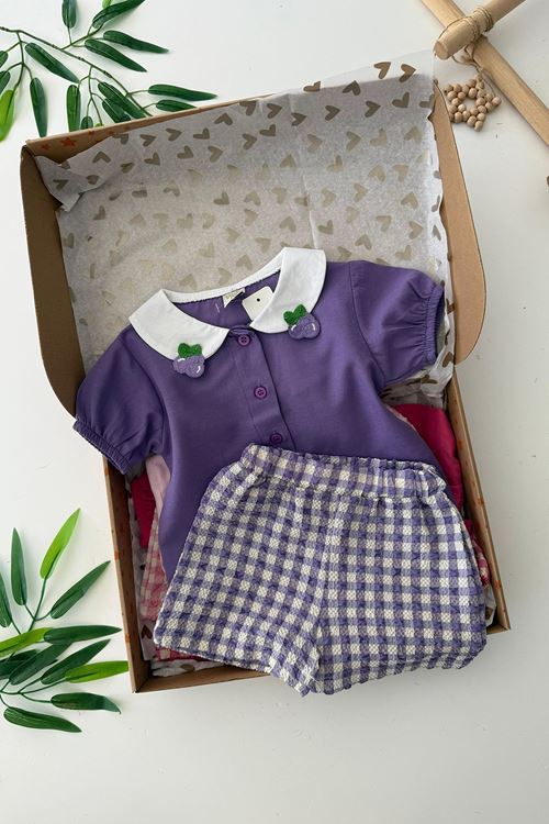Miniğimin Cicileri Ekose Şortlu Meyve Örgü Desenli Kız Çocuk 2 li Takım - Mor