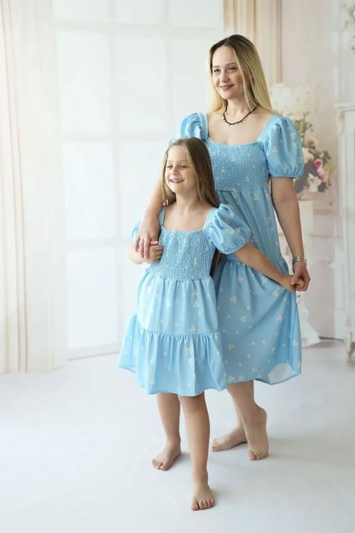 Miniğimin Cicileri Anne Kız Kombin Mavi Çiçekli Elbise - Açık Mavi