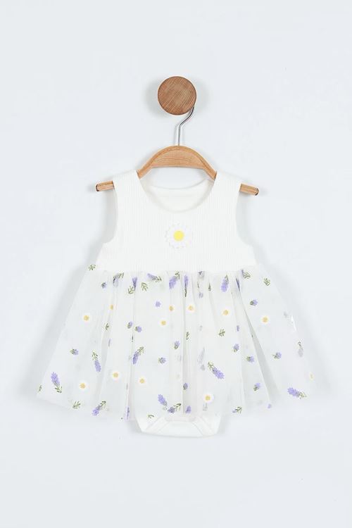 Miniğimin Cicileri (3-18 Ay) Papatya Lavanta Desenli Zıbınlı Kız Bebek Elbise - Beyaz