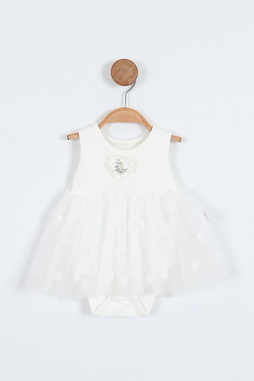 Miniğimin Cicileri (3-15 Ay) Gül Desenli Tüllü Zıbınlı Kız Bebek Elbise - Beyaz