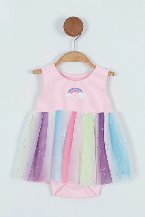 Miniğimin Cicileri (3-15 Ay) Gökkuşağı Desenli Tüllü Simli Zıbınlı Kız Bebek Elbise - Pembe
