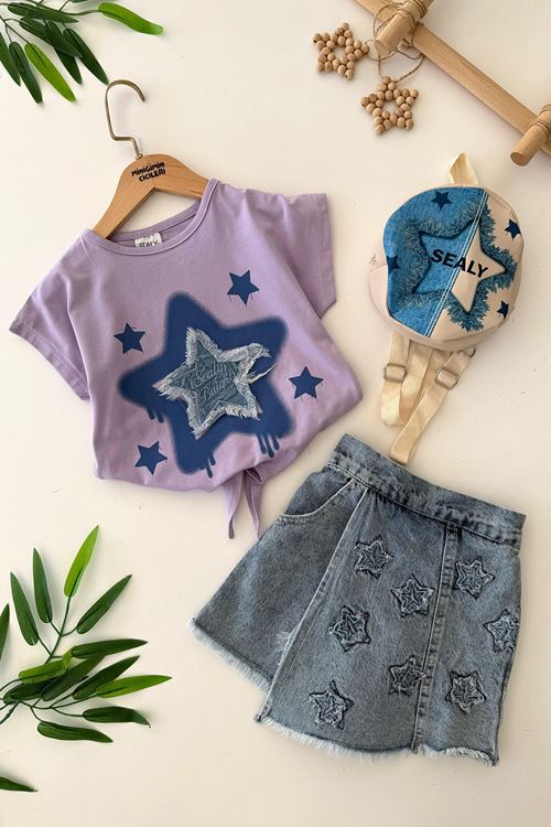 Miniğimin Cicileri Yıldız Desenli Çantalı Kız Çocuk Kot Şortetekli 3 lü Takım - Lila
