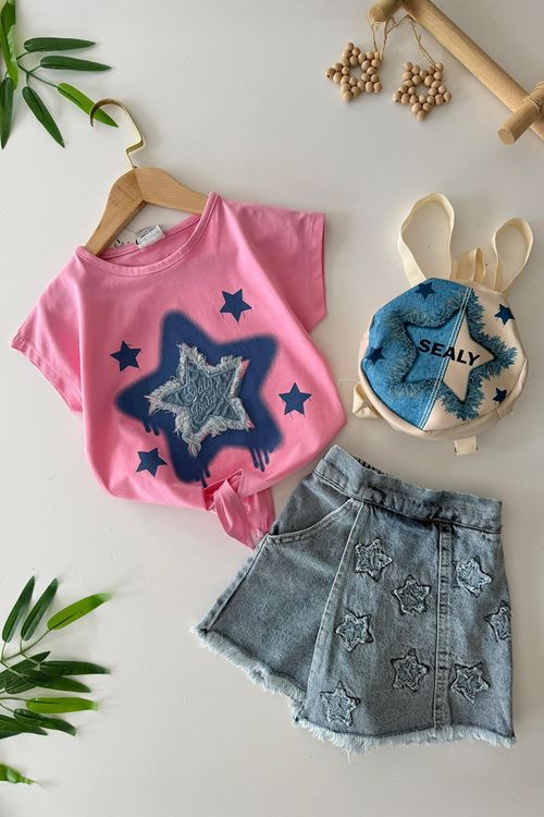 Miniğimin Cicileri Yıldız Desenli Çantalı Kız Çocuk Kot Şortetekli 3 lü Takım - Pembe