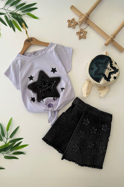 Miniğimin Cicileri Siyah Yıldız Desenli Çantalı Kız Çocuk Kot Şortetekli 3 lü Takım - Siyah