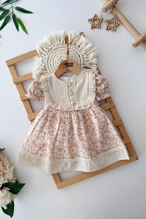 Miniğimin Cicileri Çiçek Desenli Vintage Fistolu Keten Kız Bebe Elbise - Krem