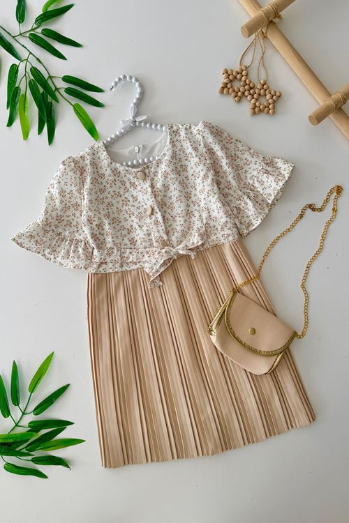 Miniğimin Cicileri Çantalı Pilise Şifon Çiçek Desenli Elbise - Bej