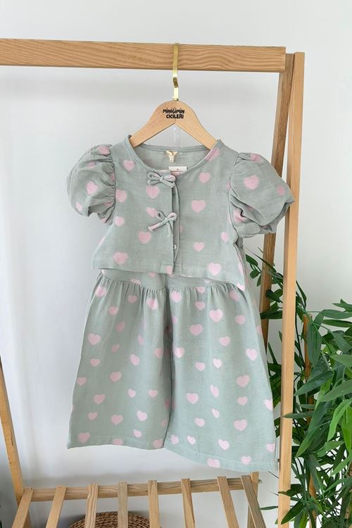 Miniğimin Cicileri Müslin Kalp Detaylı Kız Çocuk Bol Pantolonlu Yazlık Takım - Yeşil