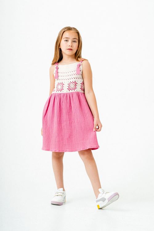 Miniğimin Cicileri Örgü Detaylı Müslin Kız Çocuk Astarlı Elbise - Fuşya