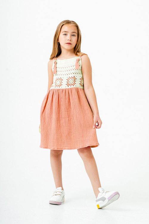 Miniğimin Cicileri Örgü Detaylı Müslin Kız Çocuk Astarlı Elbise - Turuncu