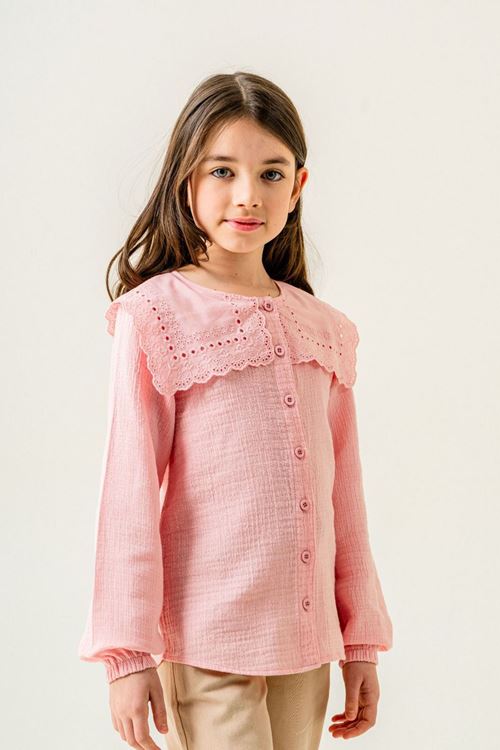 Miniğimin Cicileri Müslin Geniş Yaka Kız Çocuk Gömlek - Pembe
