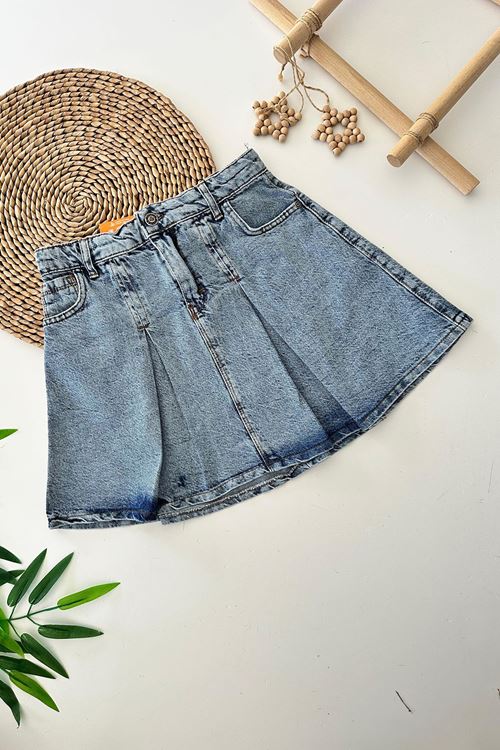 Miniğimin Cicileri PileLi Kız Çocuk Kot Etek - Mavi