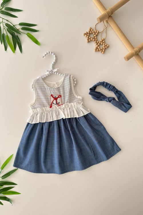 Miniğimin Cicileri Denizci Desen Kız Bebe Bandanalı Elbise - Mavi