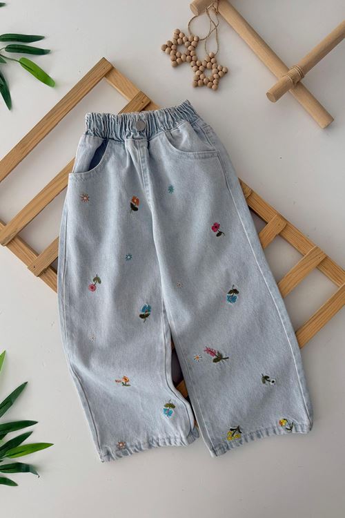 Miniğimin Cicileri Çiçek İşleme Detaylı Kız Çocuk Kot Pantolon - Açık Mavi