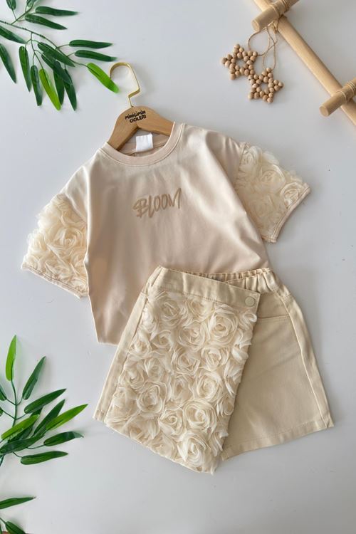 Miniğimin Cicileri Gül Desenli Bloom Baskılı Kız Çocuk Şort Etekli Takım - Krem