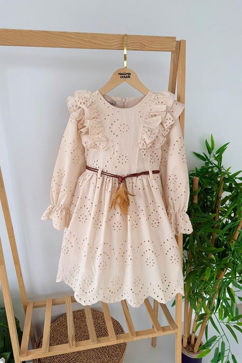 Miniğimin Cicileri (9-12 Yaş) Brode Kemerli Kız Çocuk Elbise - Bej