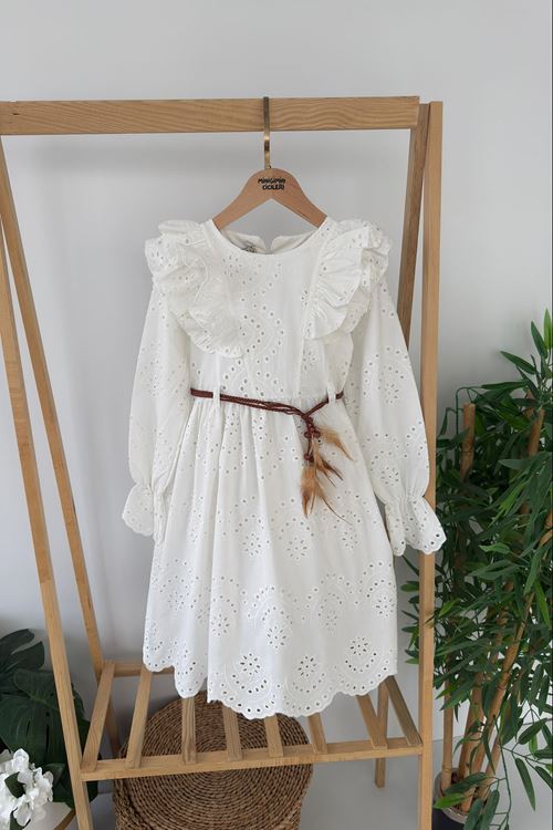 Miniğimin Cicileri (9-12 Yaş) Brode Kemerli Kız Çocuk Elbise - Beyaz