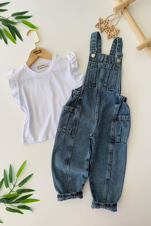 Miniğimin Cicileri Kot Salopetli Fırfır Kol Detaylı Kız Çocuk 2 li Takım - Mavi