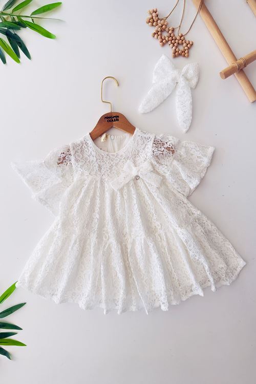 Miniğimin Cicileri Dantel Fiyonk Detaylı Kız Çocuk Elbise - Beyaz