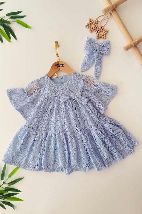 Miniğimin Cicileri Dantel Fiyonk Detaylı Kız Çocuk Elbise - Mavi