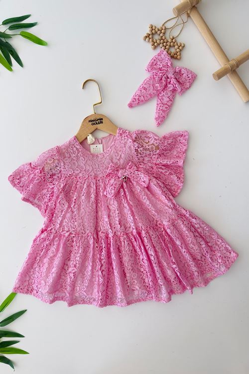 Miniğimin Cicileri Dantel Fiyonk Detaylı Kız Çocuk Elbise - Pembe