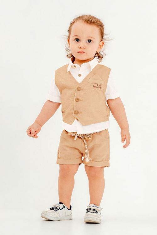Miniğimin Cicileri Araba İşleme Detaylı Yelekli Erkek Bebe 3 lü Takım - Camel