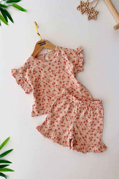 Miniğimin Cicileri Müslin Çiçek Bezeli Kız Bebe 2 li Pamuk Takım - Somon