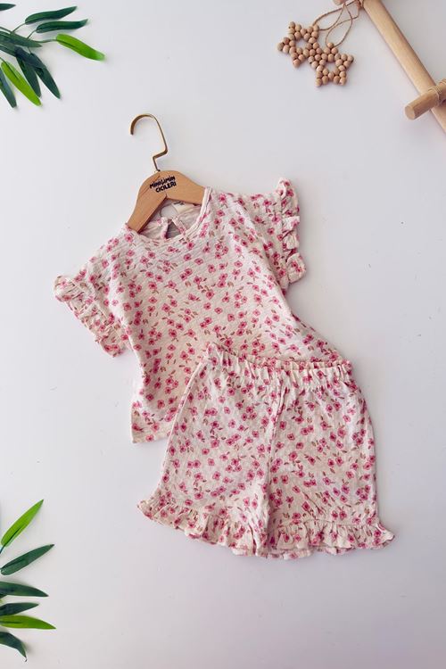 Miniğimin Cicileri Müslin Çiçek Bezeli Kız Bebe 2 li Pamuk Takım - Pembe