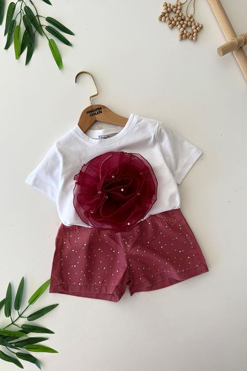 Miniğimin Cicileri Batik Gül Detaylı Taşlı Kız Çocuk Şortlu 2 li Takım - Bordo