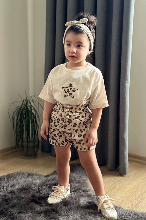 Miniğimin Cicileri Leopar Yıldız Desenli Kız Çocuk 2 li Takım - Krem