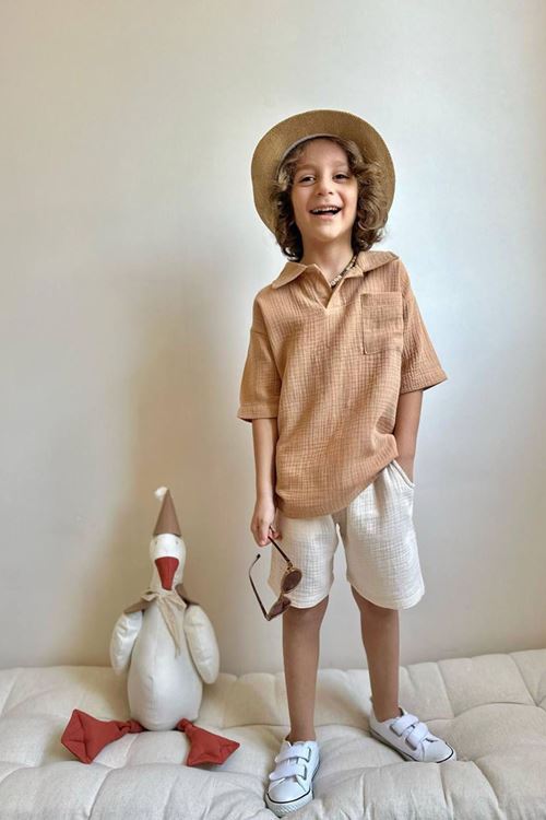 Miniğimin Cicileri Müslin Cepli Erkek Çocuk Rahat Takım - Kahve