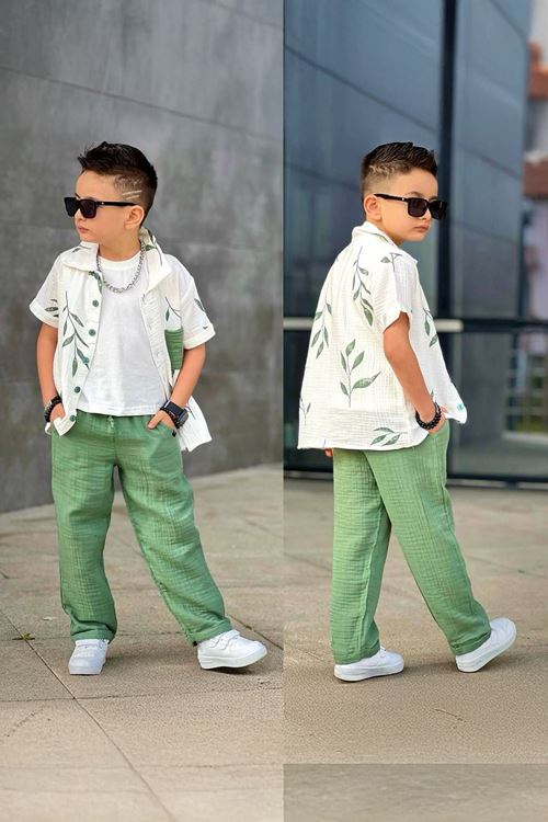 Miniğimin Cicileri Müslin Dal Desenli Cepli 3 lü Erkek Çocuk Rahat Takım - Yeşil