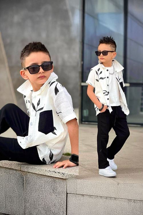 Miniğimin Cicileri Müslin Dal Desenli Cepli 3 lü Erkek Çocuk Rahat Takım - Siyah