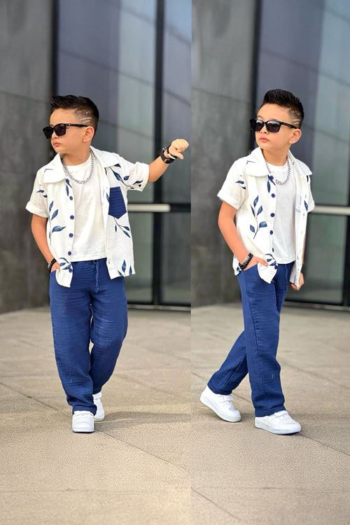 Miniğimin Cicileri Müslin Dal Desenli Cepli 3 lü Erkek Çocuk Rahat Takım - Mavi