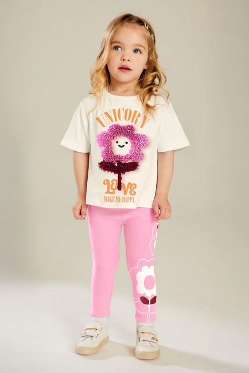 Miniğimin Cicileri Uncrn Çiçek Detaylı Kız Çocuk Taytlı Takım - Pembe