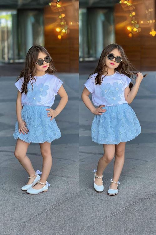 Miniğimin Cicileri Pul Çiçek Detaylı Tül Etekli Kız Çocuk Takım - Mavi