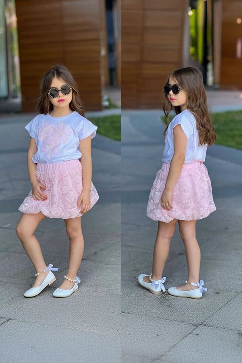 Miniğimin Cicileri Pul Çiçek Detaylı Tül Etekli Kız Çocuk Takım - Pembe