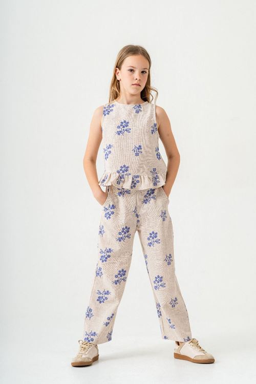 Miniğimin Cicileri Etnik Çiçek Desenli Kız Çocuk Keten İkili Takım - Mavi