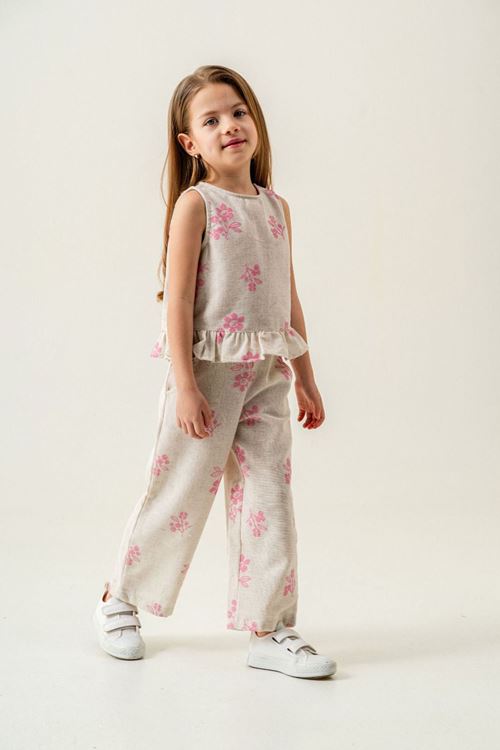 Miniğimin Cicileri Etnik Çiçek Desenli Kız Çocuk Keten İkili Takım - Pembe