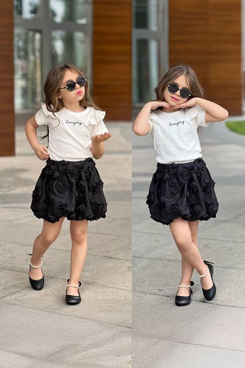 Miniğimin Cicileri 3 Boyutlu Gül Desenli Etekli Kız Çocuk Takım - Siyah